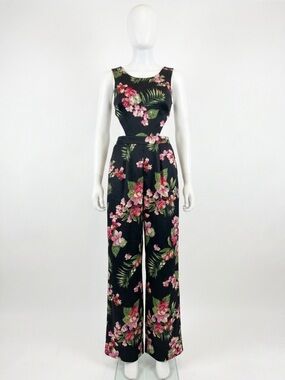 Floral Tropical Cut Out Open Back Jumpsuit in Black with Pink Bloom Size Small